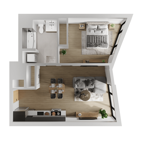 Floor plan for 1 bed, 1 bath, 684 sqft